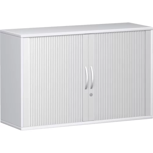 Anstell Rollladenschrank 72 cm hoch, 2 Ordnerhöhen, 120 cm breit, Dekor Korpus: Weiß, Front: Silber