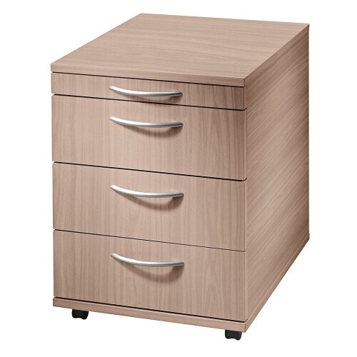 Rollcontainer mit 3 Schubladen + 1 Utensielienschublade, 58 cm Tief Nussbaum hell/ Nussbaum hell