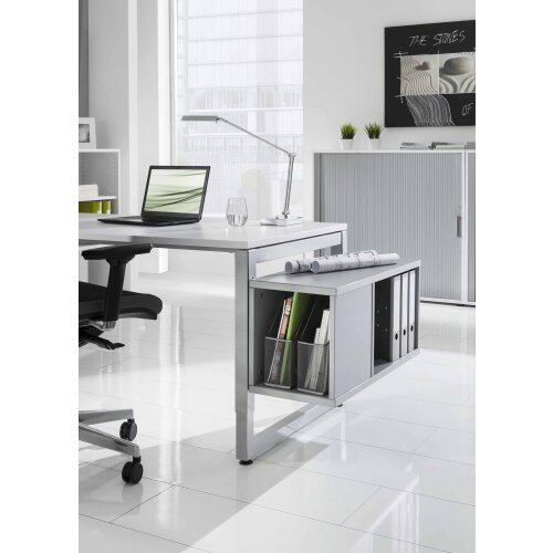 Schreibtisch höhenverstellbar mit Ringfuss 160x80 cm, Dekor: Eiche, Gestell: Silber