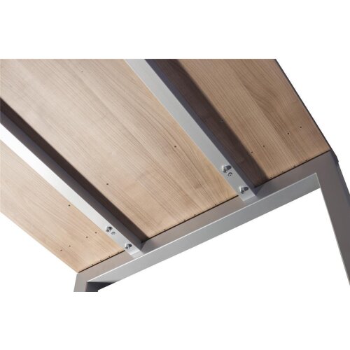 Schreibtisch höhenverstellbar mit Ringfuss 180x80 cm, Dekor: Buche, Gestell: Silber