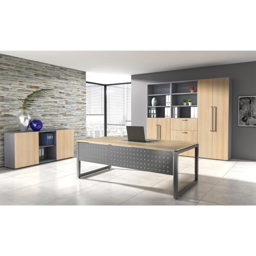 Schreibtisch höhenverstellbar mit Ringfuss 180x80 cm, Dekor: Weiss, Gestell: Silber