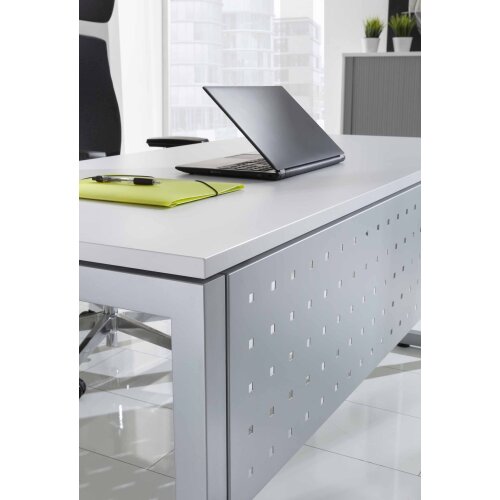 Schreibtisch höhenverstellbar mit Ringfuss 180x80 cm, Dekor: Eiche, Gestell: Silber