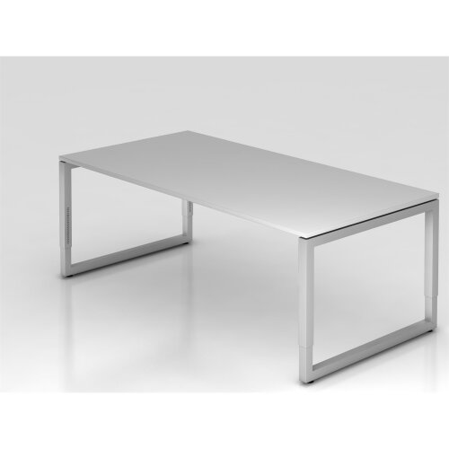 Schreibtisch höhenverstellbar mit Ringfuss, 200x100 cm, Dekor: Grau, Gestell: Silber