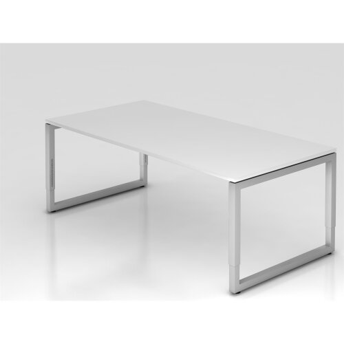 Schreibtisch höhenverstellbar mit Ringfuss, 200x100 cm, Dekor: Weiss, Gestell: Silber
