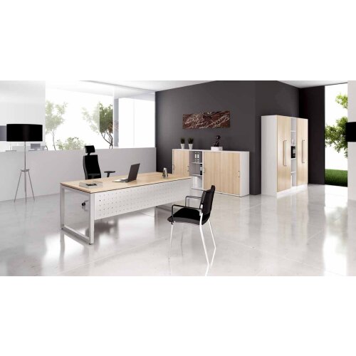 Winkelschreibtisch höhenverstellbar mit Ringfuss, 200x120 cm, Dekor: Grau, Gestell: Anthrazit