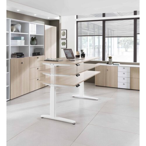 Schreibtisch elektrisch höhenverstellbar 180 x80, Dekor: Nussbaum hell, Gestell: Weiss