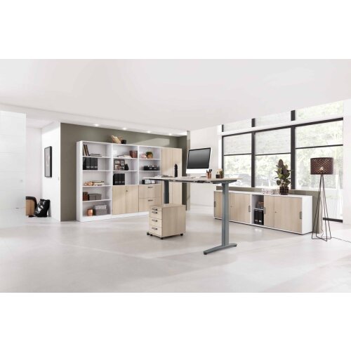 Schreibtisch elektrisch höhenverstellbar 180 x80, Dekor: Nussbaum hell, Gestell: Weiss