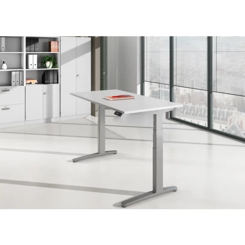 Schreibtisch elektrisch höhenverstellbar 200x100, Dekor: Grau, Gestell: Weiss