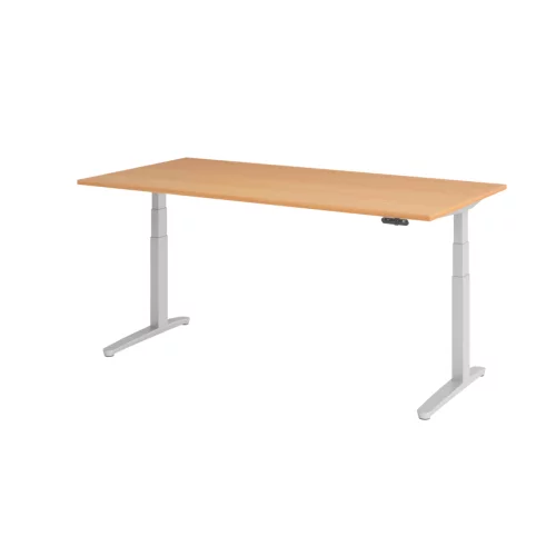 Schreibtisch elektrisch höhenverstellbar 200x100, Dekor: Buche, Gestell: Silber