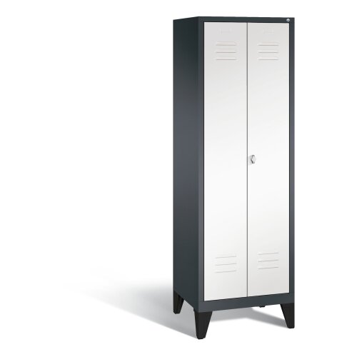 Kleider Wäsche Spind 2 Abteile auf Füssen, Abteilbreite 300mm, Farbe Korpus: Schwarzgrau, Farbe Front: Verkehrsweiß