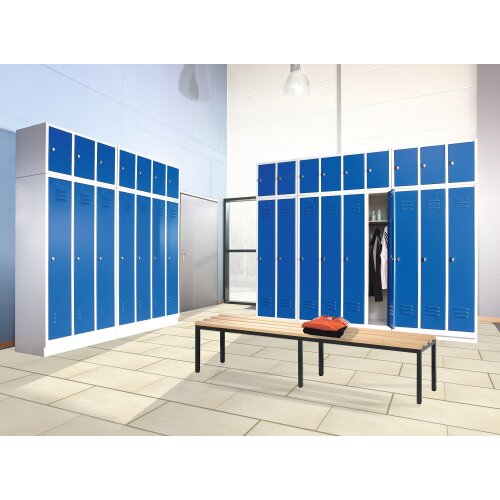 Wäsche- und Aufbewahrungsschrank Classic auf Füßen, 2 Abteile mittig schliessend 81 cm breit,, Farbe Korpus: Lichtgrau, Farbe Front: Resedagrün