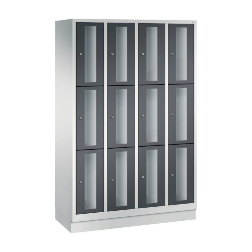 Fächerschrank Classic mit Sichtfenstertüren, auf Sockel, 12 Fächer, Abteilbreite 300 mm, Farbe Korpus: Lichtgrau, Farbe Front: Schwarzgrau
