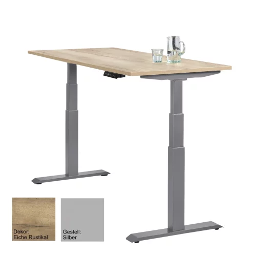 Schreibtisch elektrisch höhenverstellbar Serie EHT3, Dekor Eiche Rustikal, Gestell Silber, Maß: 65-130 h. x 80 t. x 140 br. cm