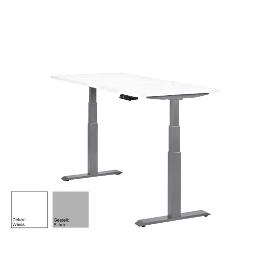 Schreibtisch elektrisch höhenverstellbar Serie EHT3, Dekor Weiss, Gestell Silber, Maß: 65-130 h. x 80 t. x 180 br. cm