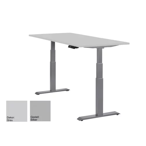 Schreibtisch elektrisch höhenverstellbar Serie EHT3, Dekor Grau, Gestell Silber, Maß: 65-130 h. x 100 t. x 200 br. cm