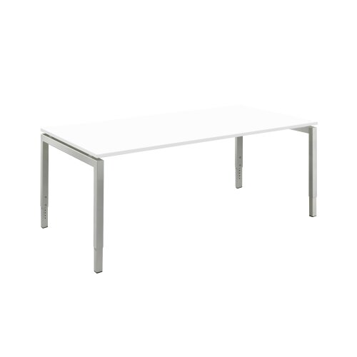 Schreibtisch Serie E1 höhenverstellbar, Dekor Weiss, Gestell Silber, Maß: 62-85 h. x 80 t. x 180 br. cm