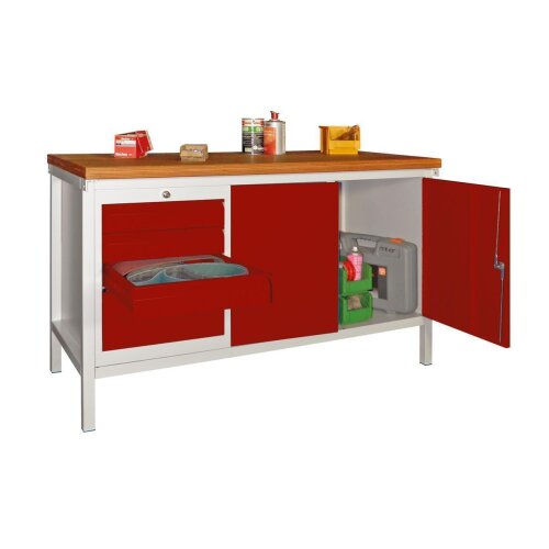 Werkbank mit 4 Schubladen links und einem Werkzeugschrank rechts, Breite 150 cm