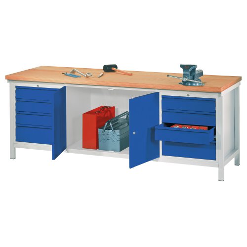 Werkbank mit 8 Schubladen, 4 Schubladen rechts und links, sowie 1 Werkzeugschrank mittig, Breite 200 cm