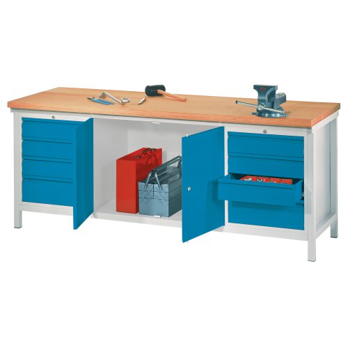 Werkbank mit 8 Schubladen, 4 Schubladen rechts und links, sowie 1 Werkzeugschrank mittig, Breite 200 cm